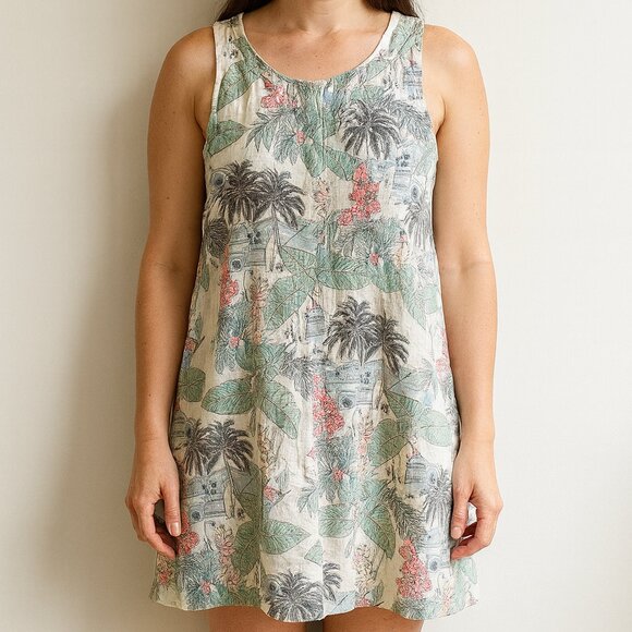 Artisan New York Linen Shift Tropical Leaf Frond Beach Dress Medium - Picture 1 of 6